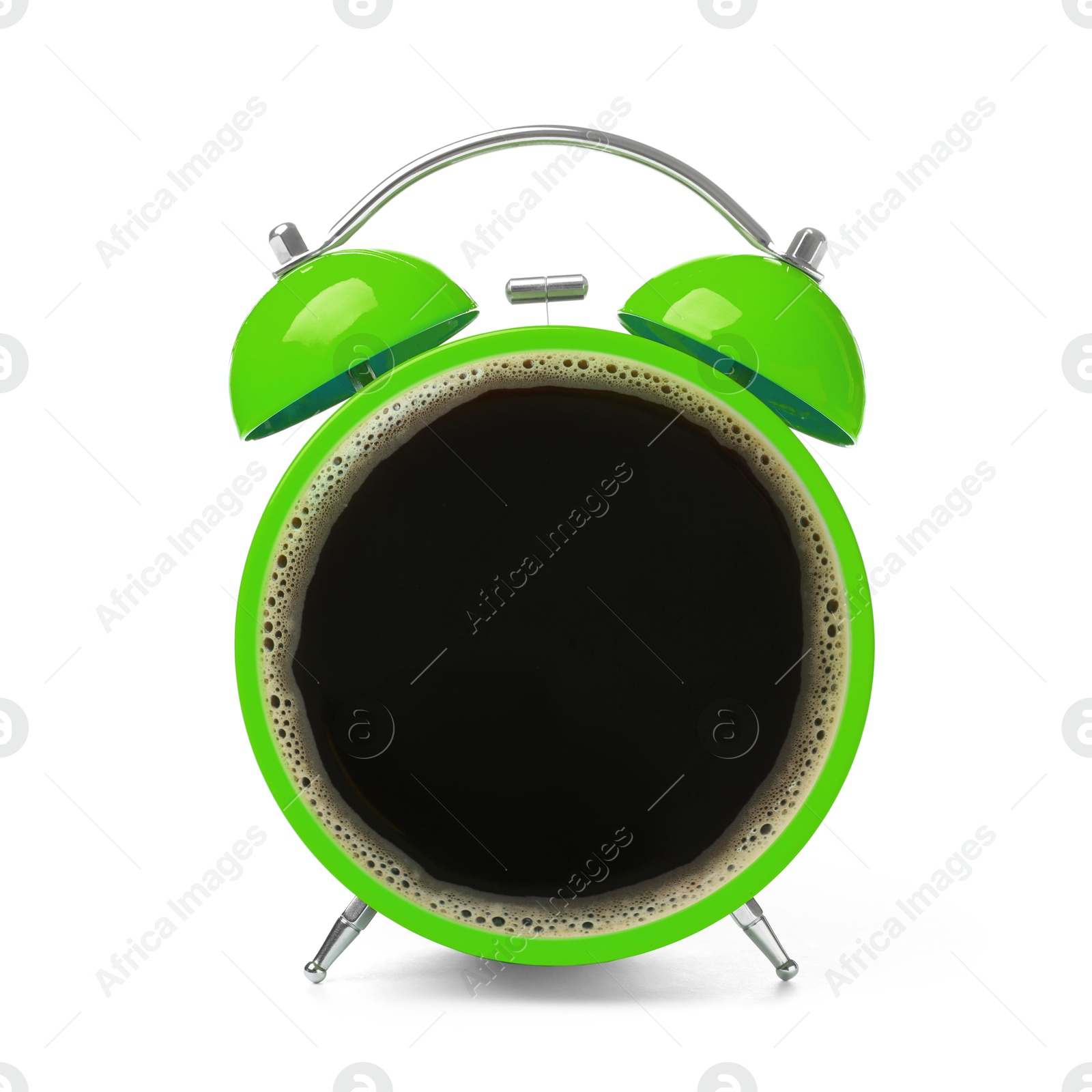 Image of Green alarm clock with coffee instead of dial on white background