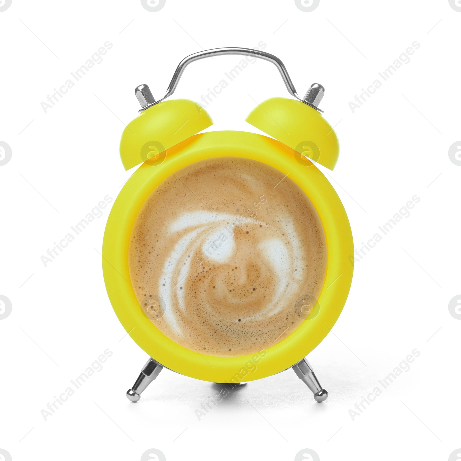 Image of Yellow alarm clock with coffee instead of dial on white background