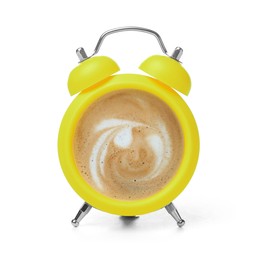 Image of Yellow alarm clock with coffee instead of dial on white background