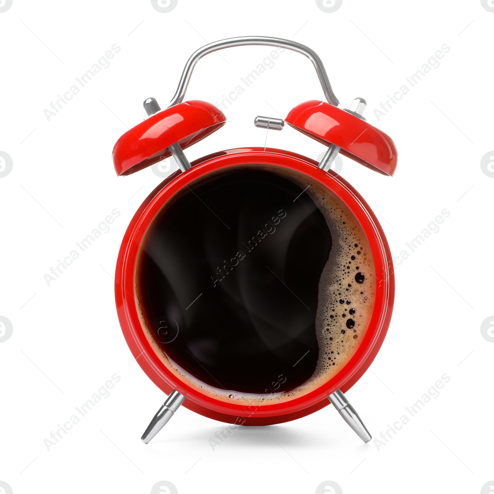 Image of Red alarm clock with coffee instead of dial on white background