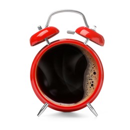 Image of Red alarm clock with coffee instead of dial on white background