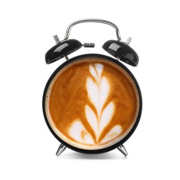 Image of Black alarm clock with coffee instead of dial on white background