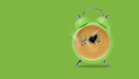 Image of Bright alarm clock with coffee instead of dial on green background, banner design. Space for text