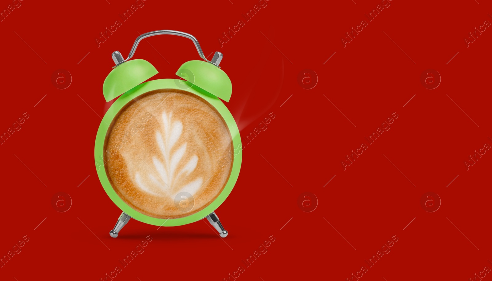 Image of Green alarm clock with coffee instead of dial on red background, banner design. Space for text