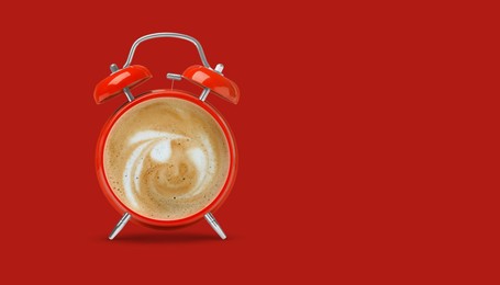 Image of Bright alarm clock with coffee instead of dial on red background, banner design. Space for text