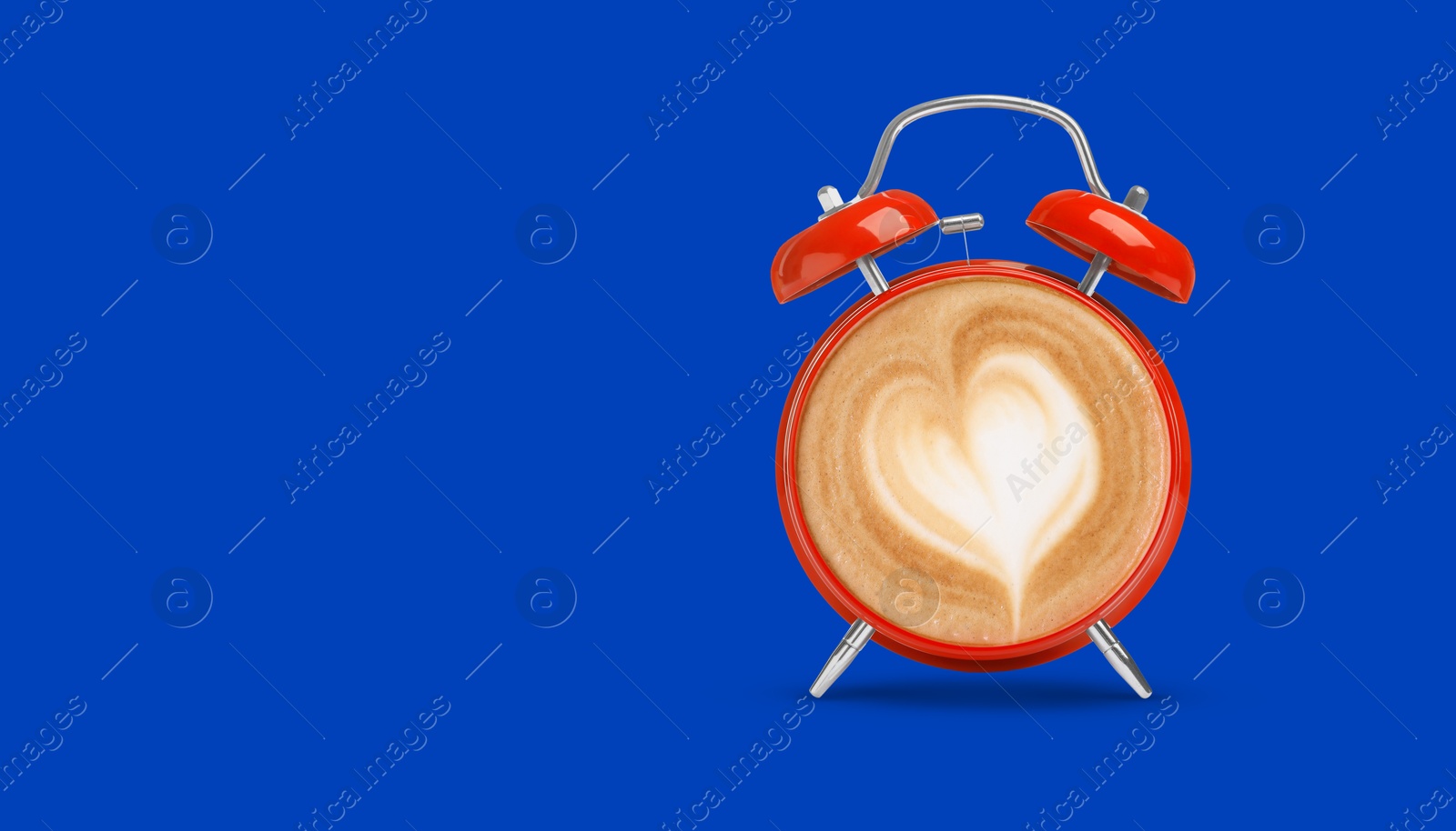 Image of Red alarm clock with coffee instead of dial on blue background, banner design. Space for text