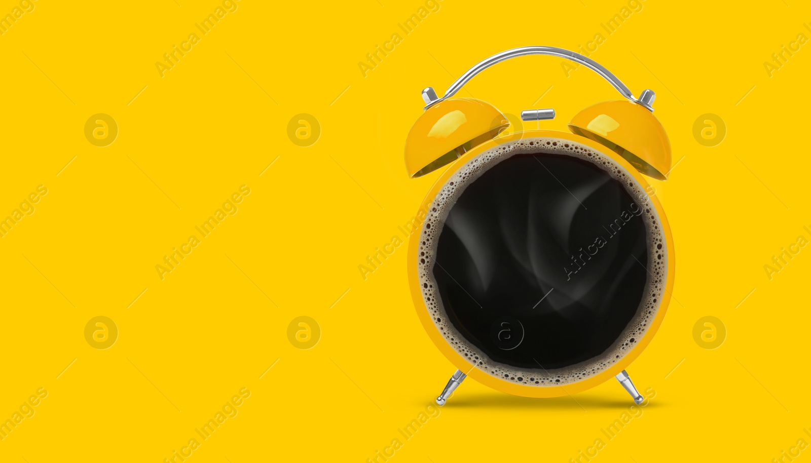 Image of Bright alarm clock with coffee instead of dial on yellow background, banner design. Space for text