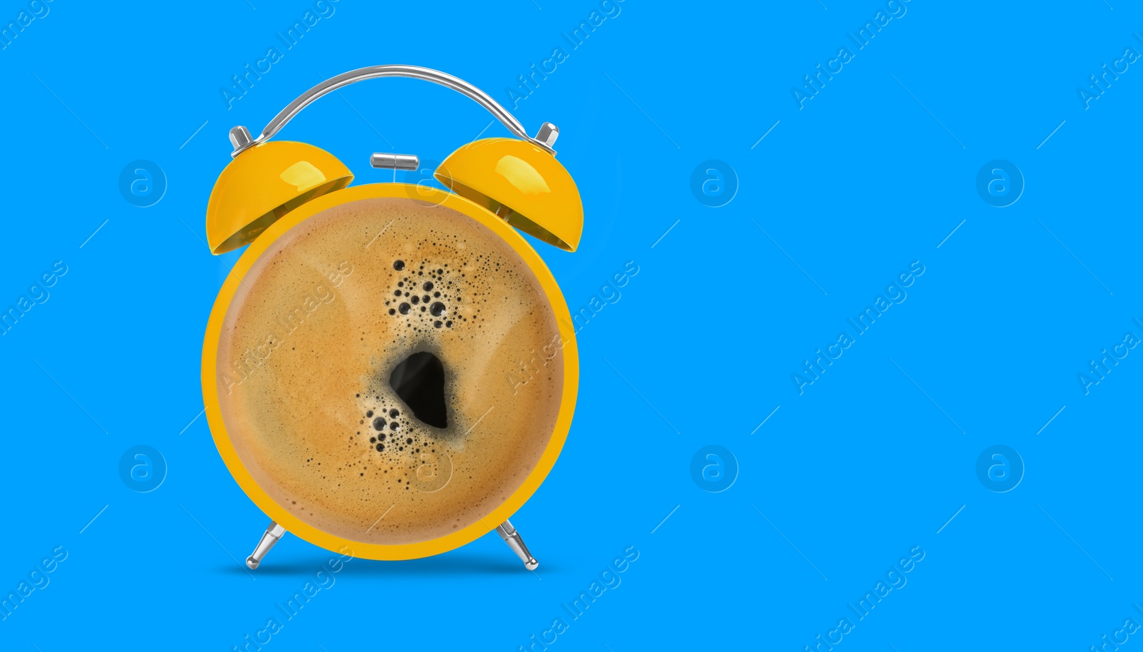 Image of Yellow alarm clock with coffee instead of dial on light blue background, banner design. Space for text