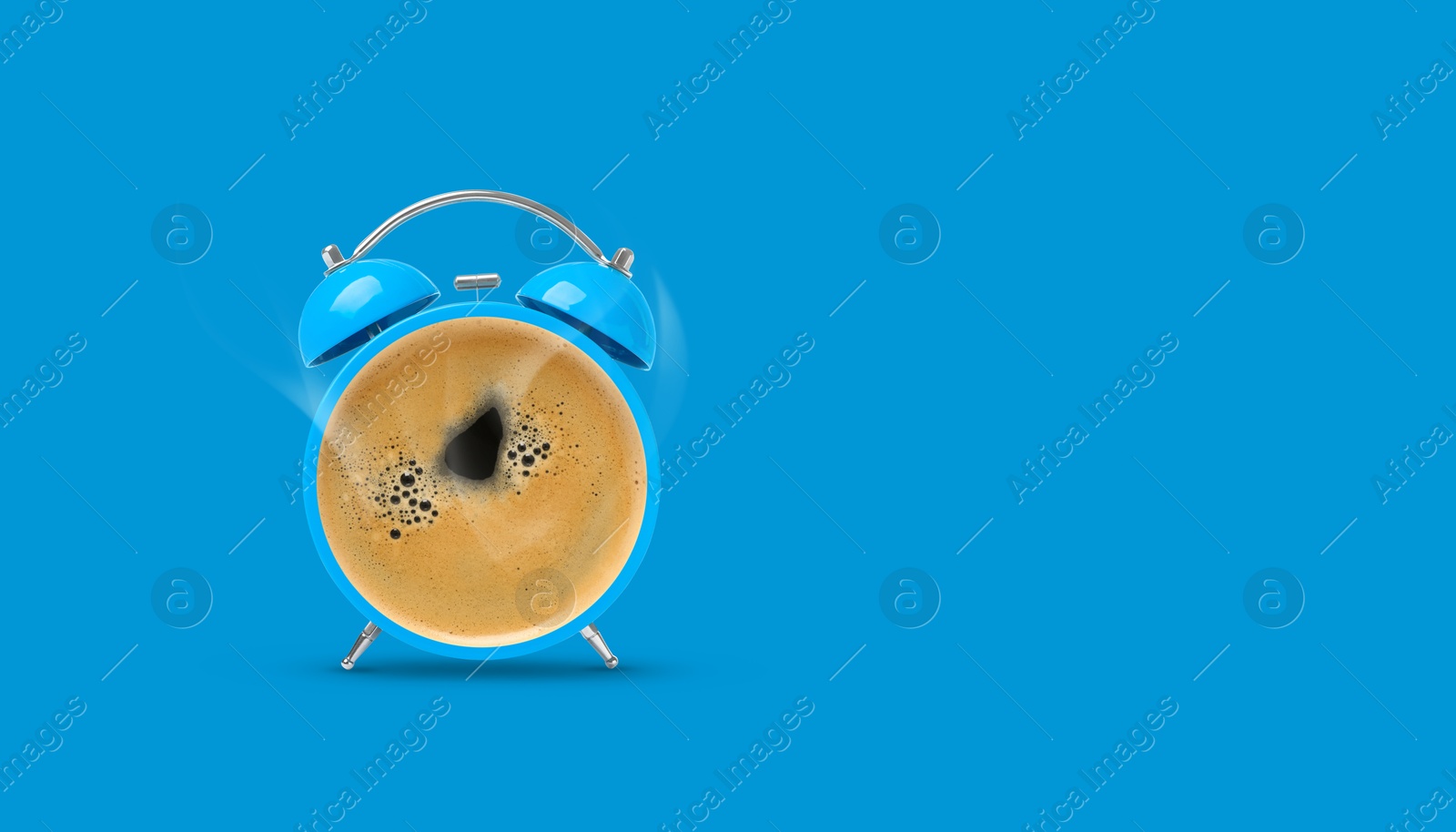 Image of Bright alarm clock with coffee instead of dial on light blue background, banner design. Space for text