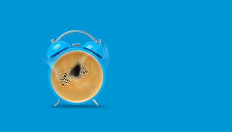 Image of Bright alarm clock with coffee instead of dial on light blue background, banner design. Space for text