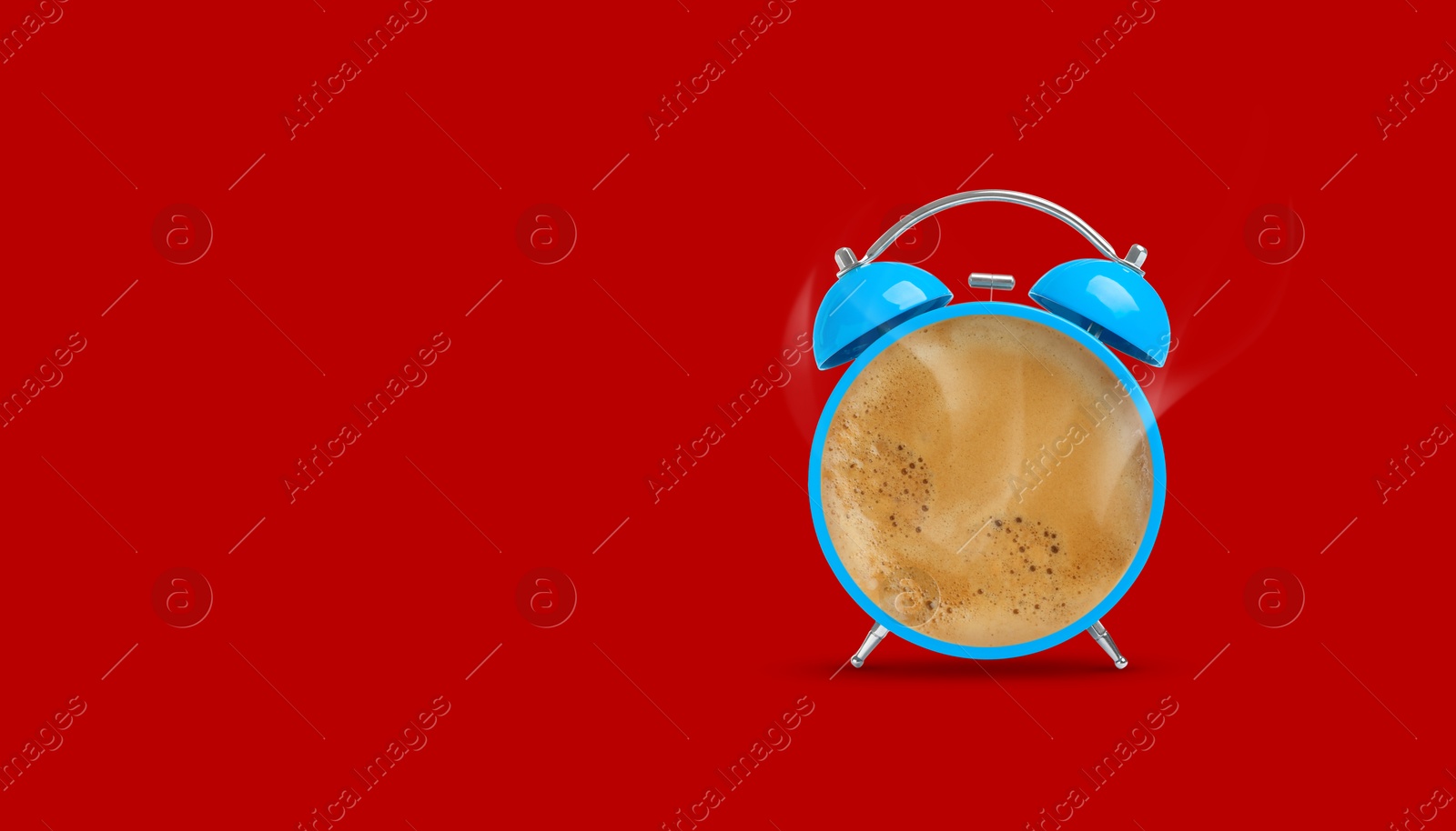 Image of Light blue alarm clock with coffee instead of dial on red background, banner design. Space for text