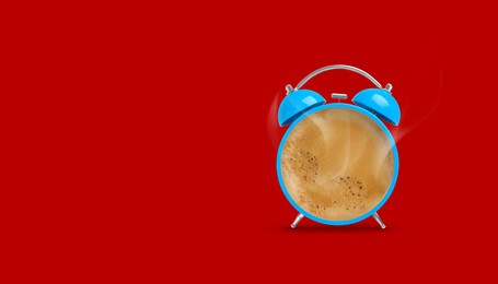 Image of Light blue alarm clock with coffee instead of dial on red background, banner design. Space for text