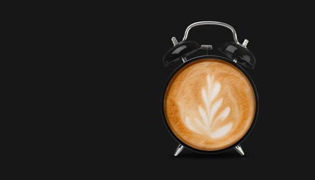 Image of Alarm clock with coffee instead of dial on black background, banner design. Space for text