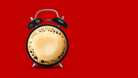 Image of Black alarm clock with coffee instead of dial on red background, banner design. Space for text