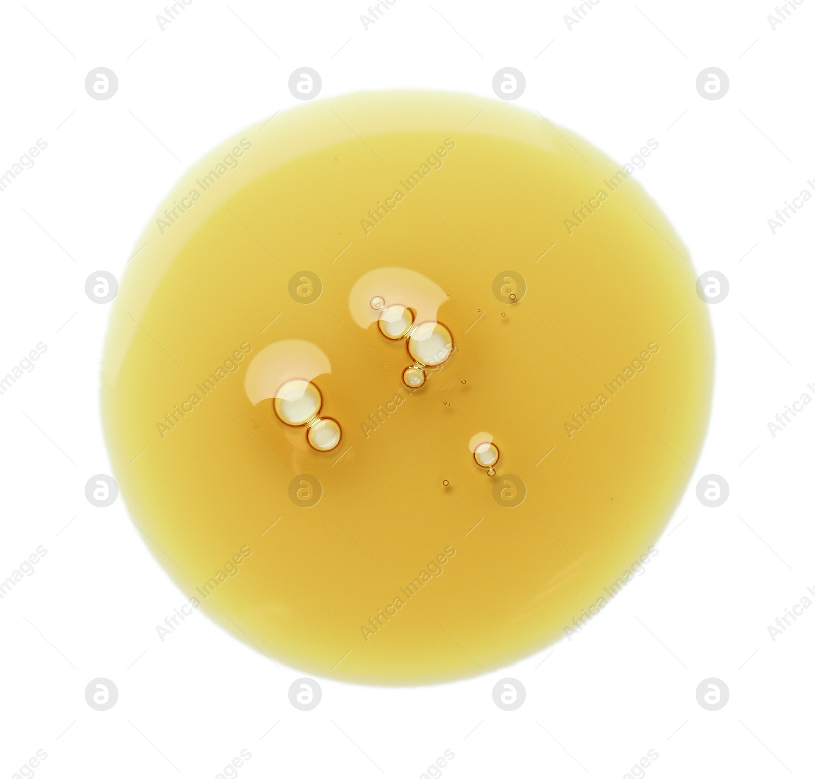 Photo of Essential oil drop isolated on white, top view. Cosmetic product