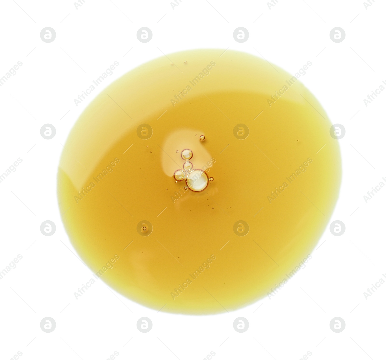 Photo of Essential oil drop isolated on white, top view. Cosmetic product