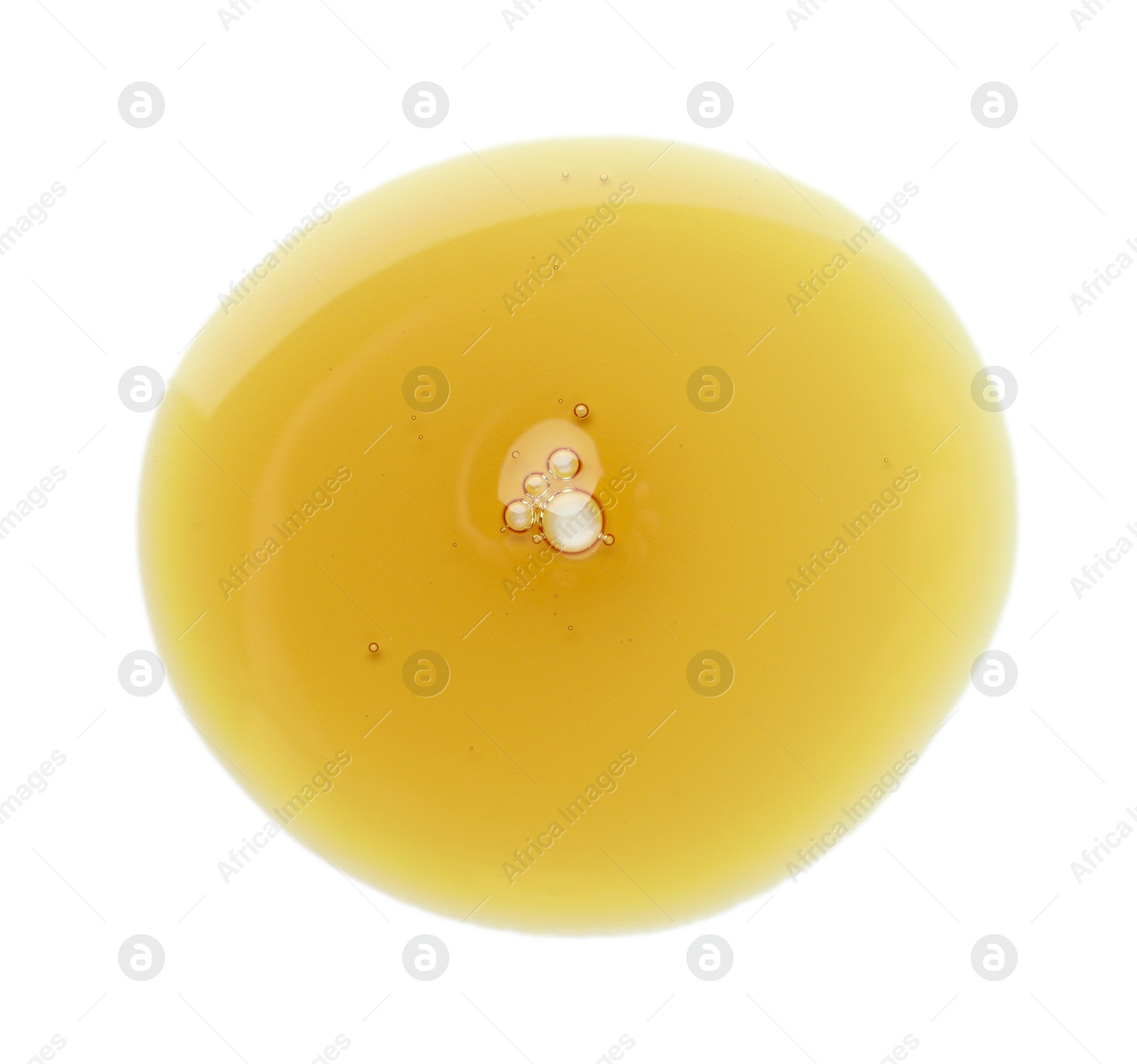 Photo of Essential oil drop isolated on white, top view. Cosmetic product