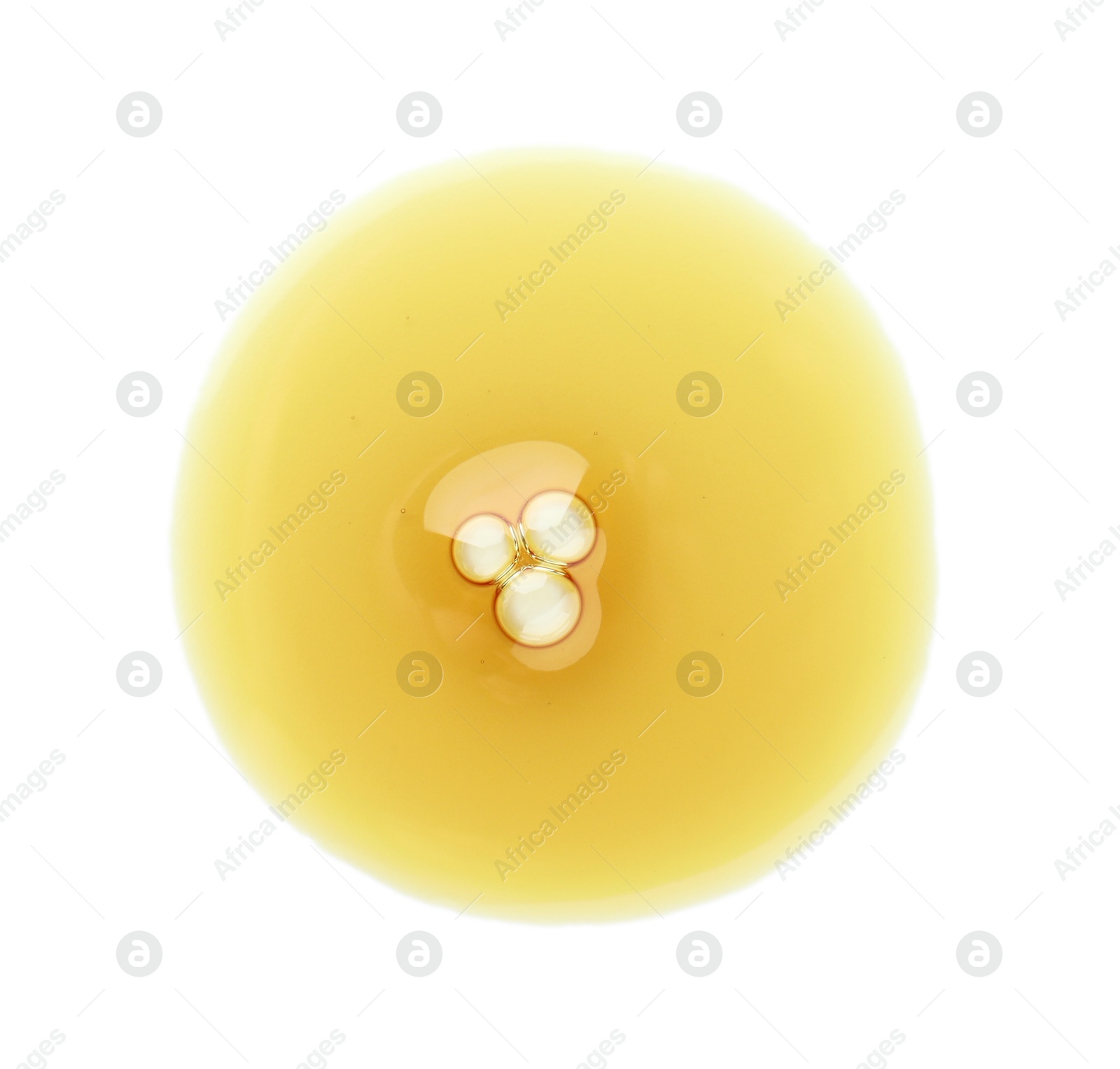 Photo of Essential oil drop isolated on white, top view. Cosmetic product