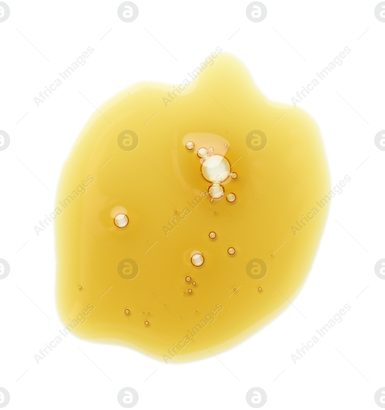 Photo of Essential oil drop isolated on white, top view. Cosmetic product