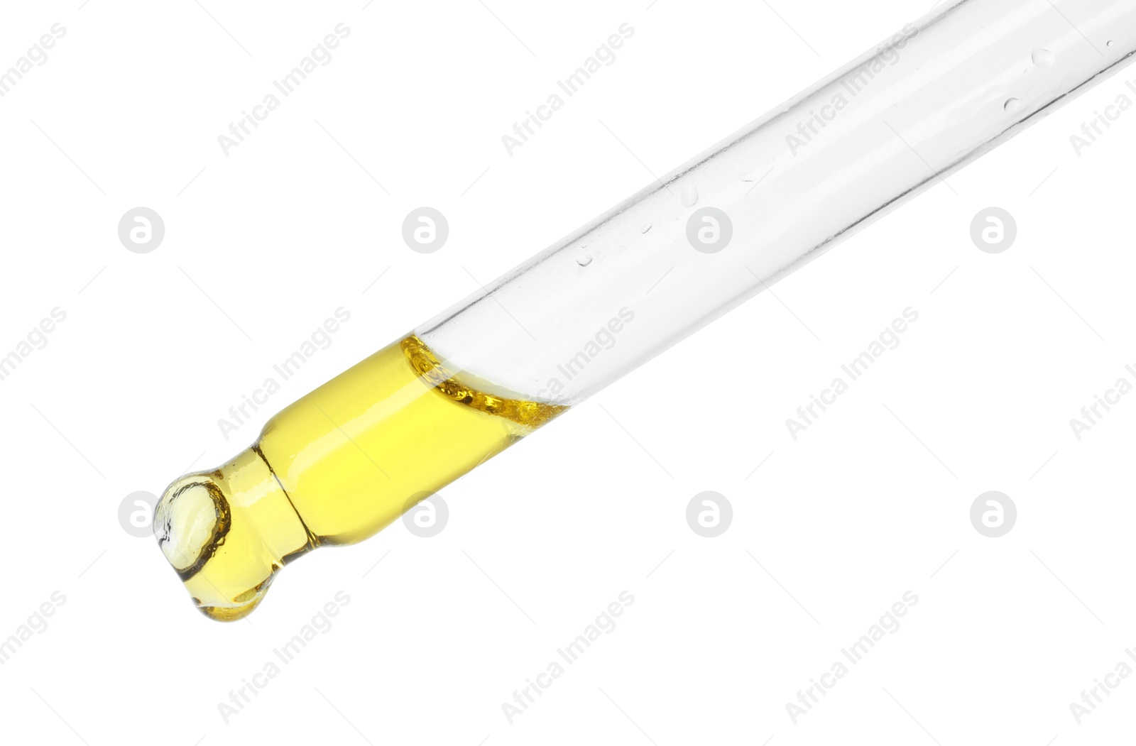 Photo of Dripping essential oil from pipette on white background