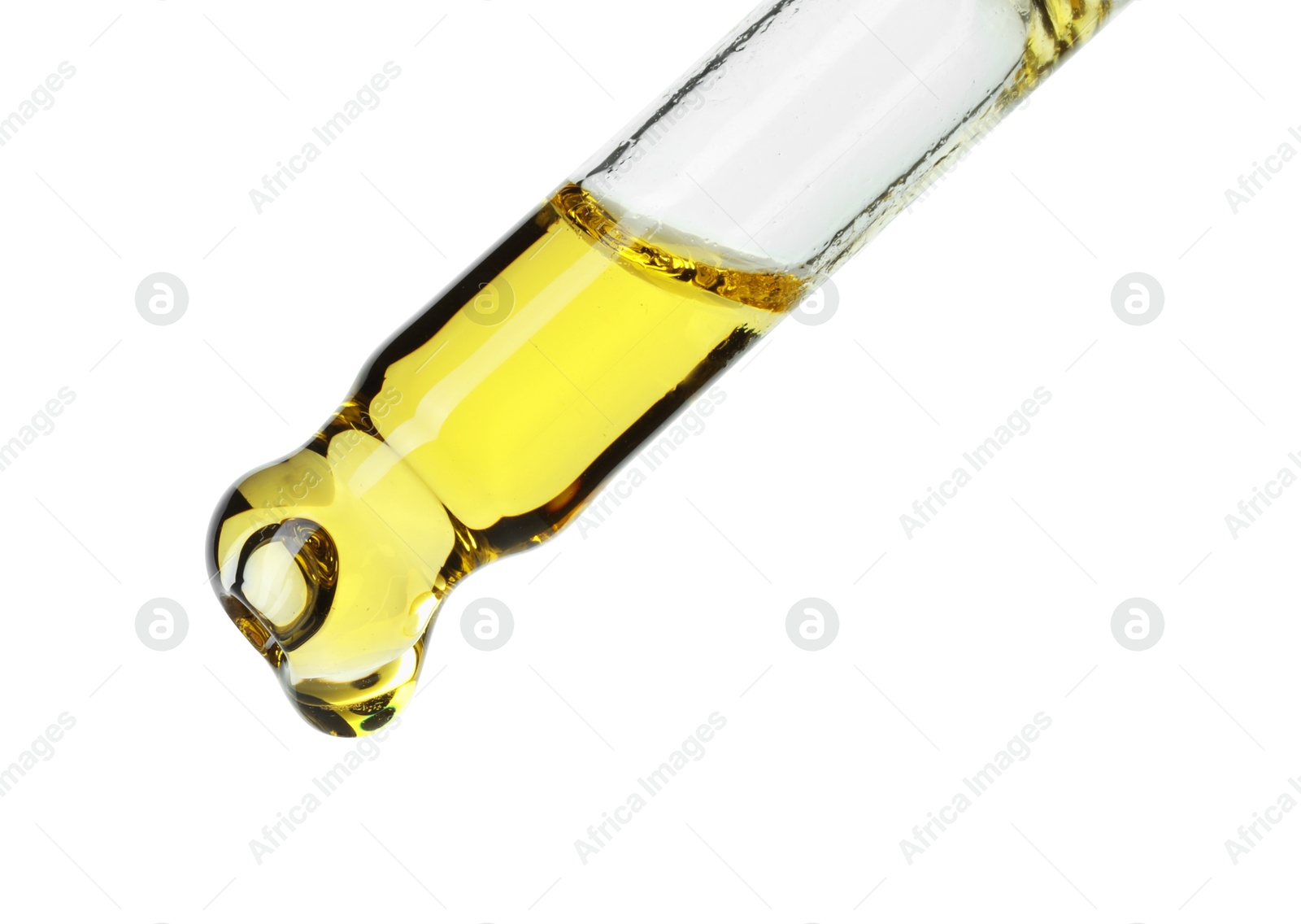 Photo of Dripping essential oil from pipette on white background