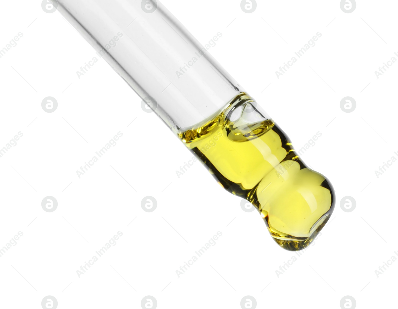 Photo of Dripping essential oil from pipette on white background