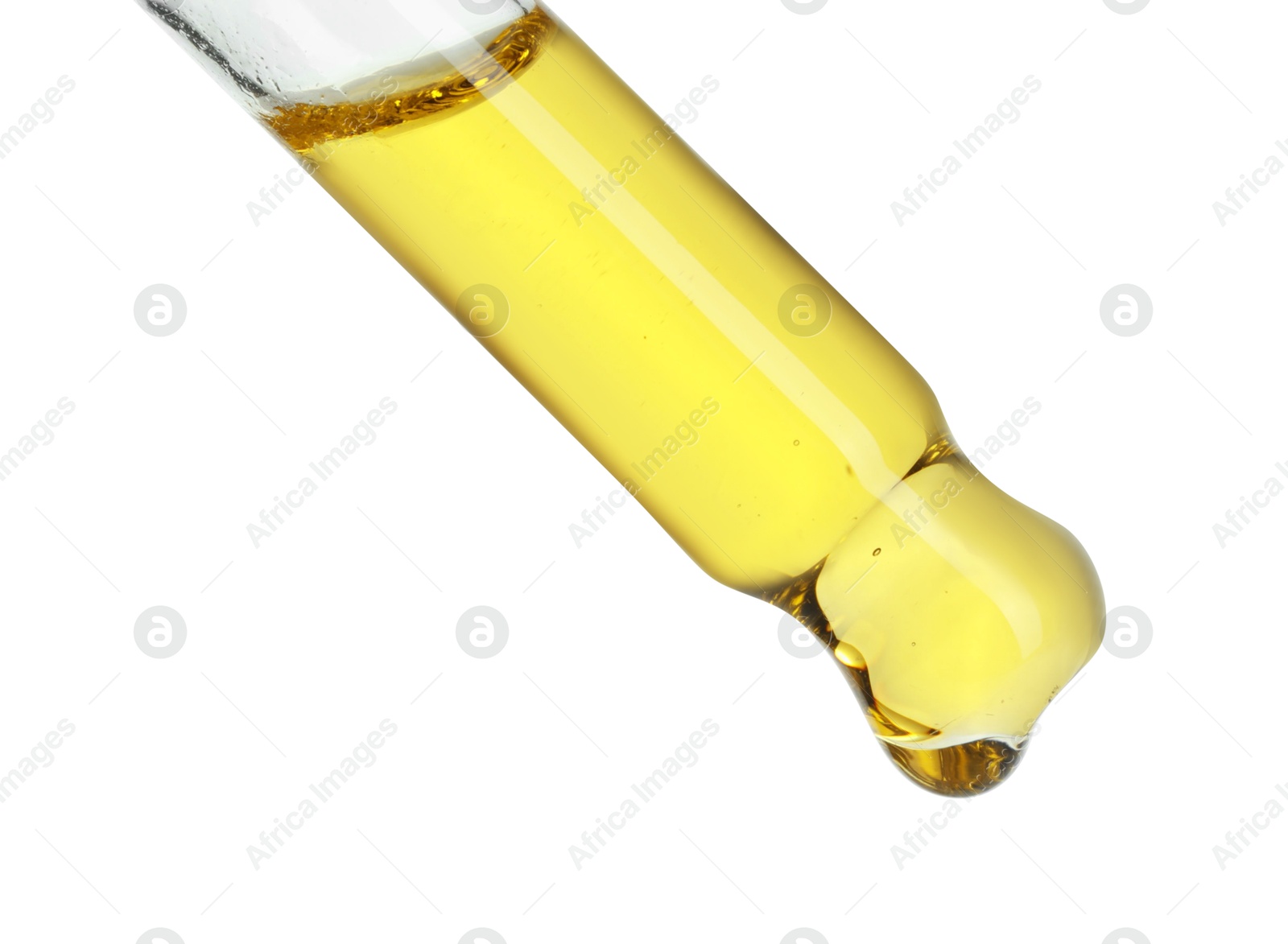 Photo of Dripping essential oil from pipette on white background