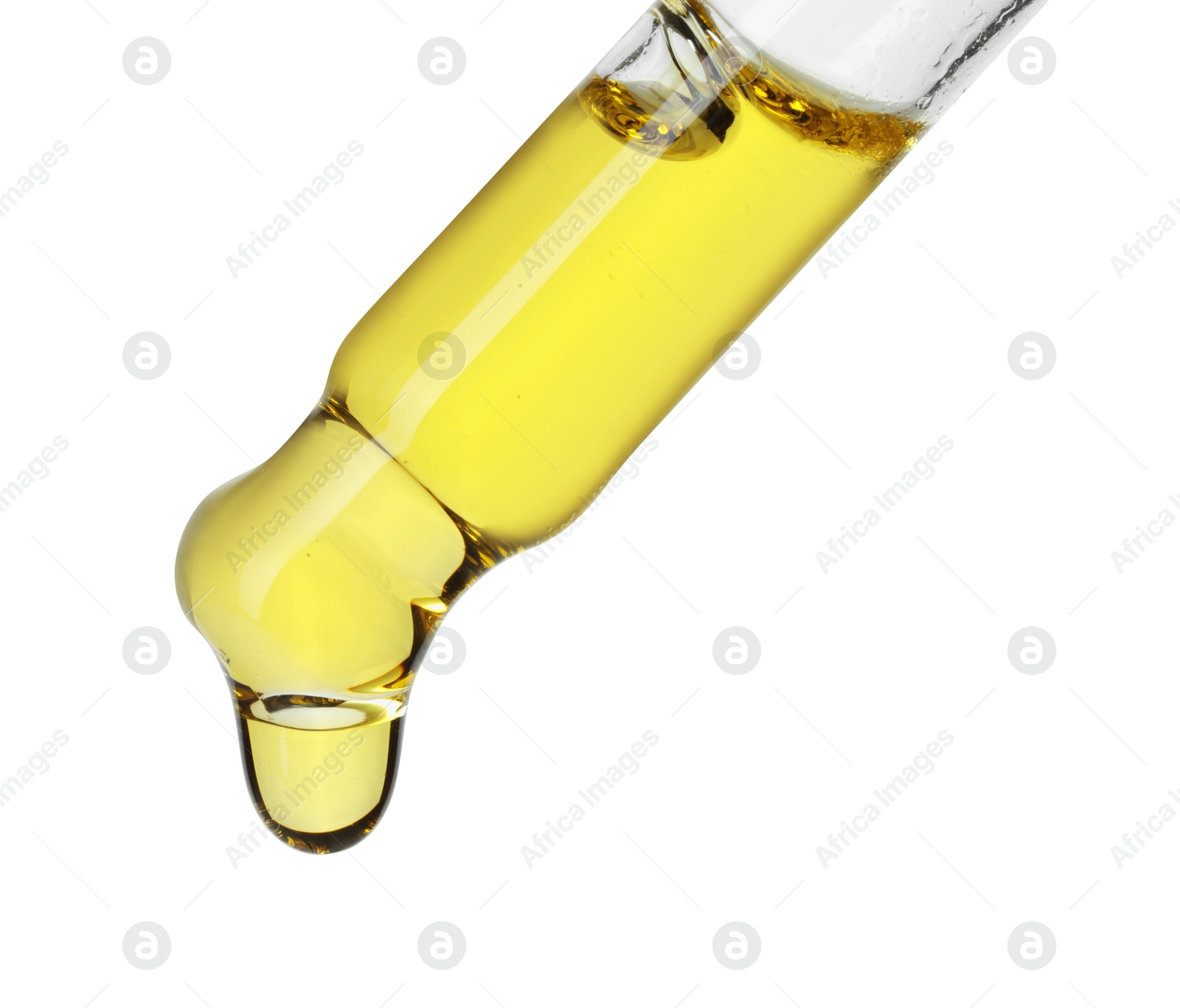 Photo of Dripping essential oil from pipette on white background