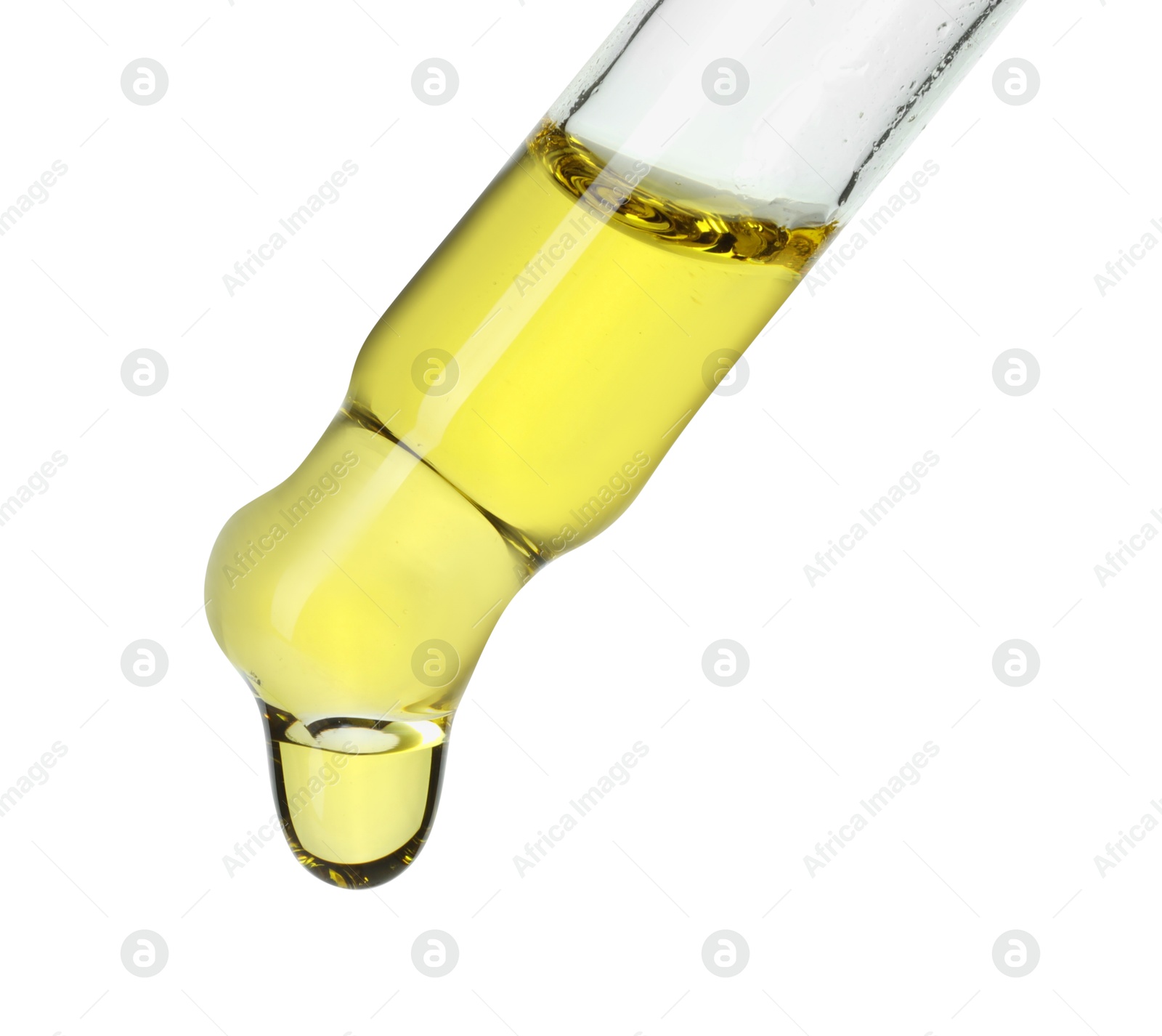 Photo of Dripping essential oil from pipette on white background