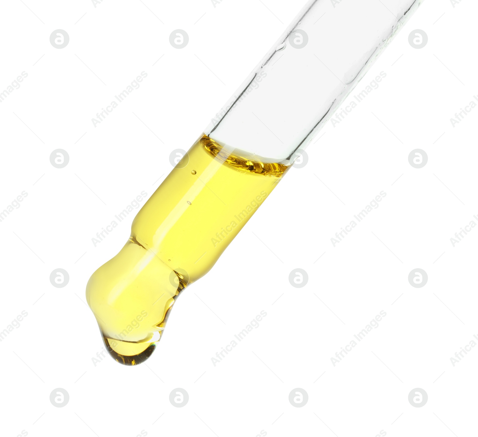 Photo of Dripping essential oil from pipette on white background