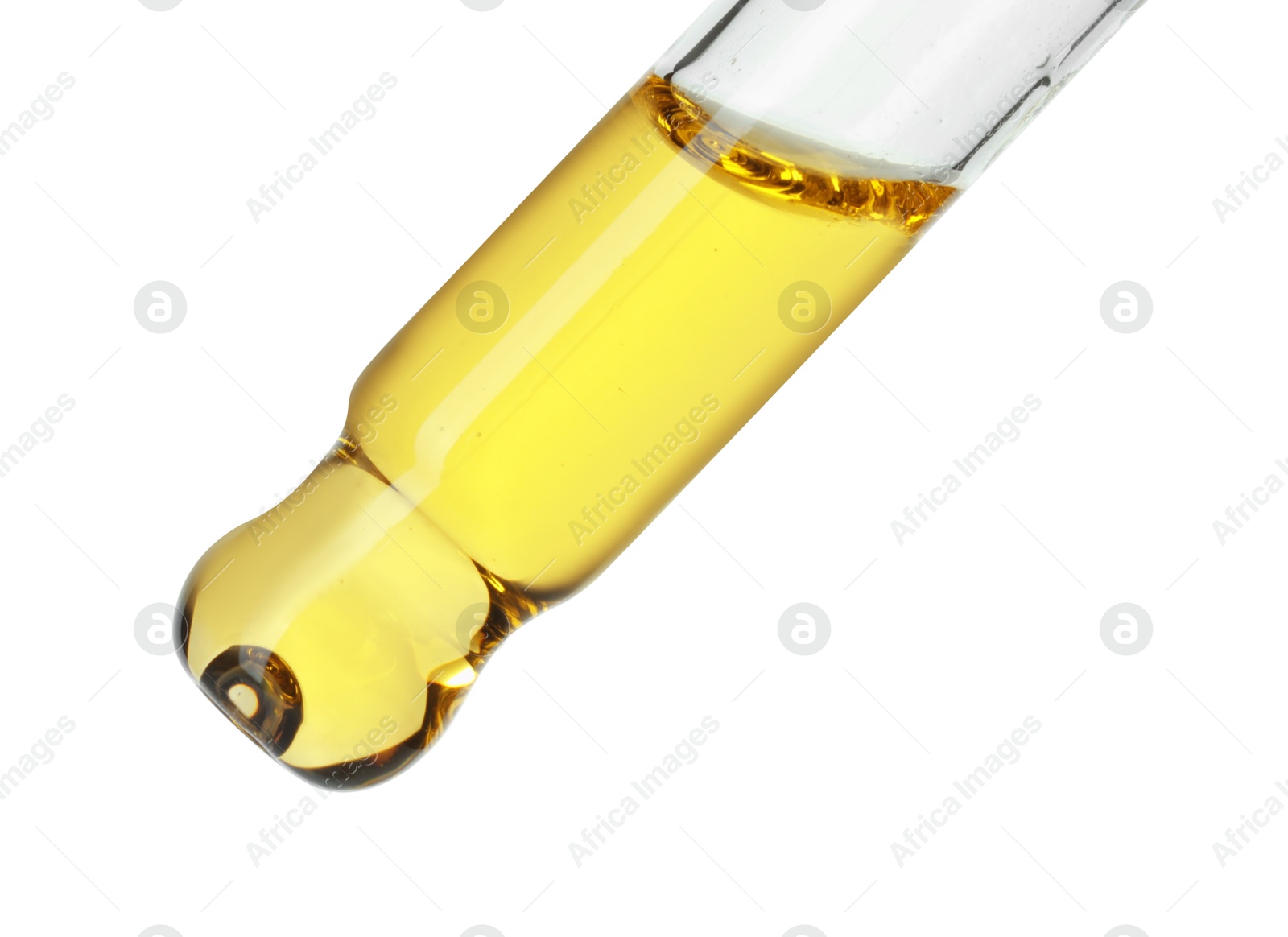 Photo of Dripping essential oil from pipette on white background