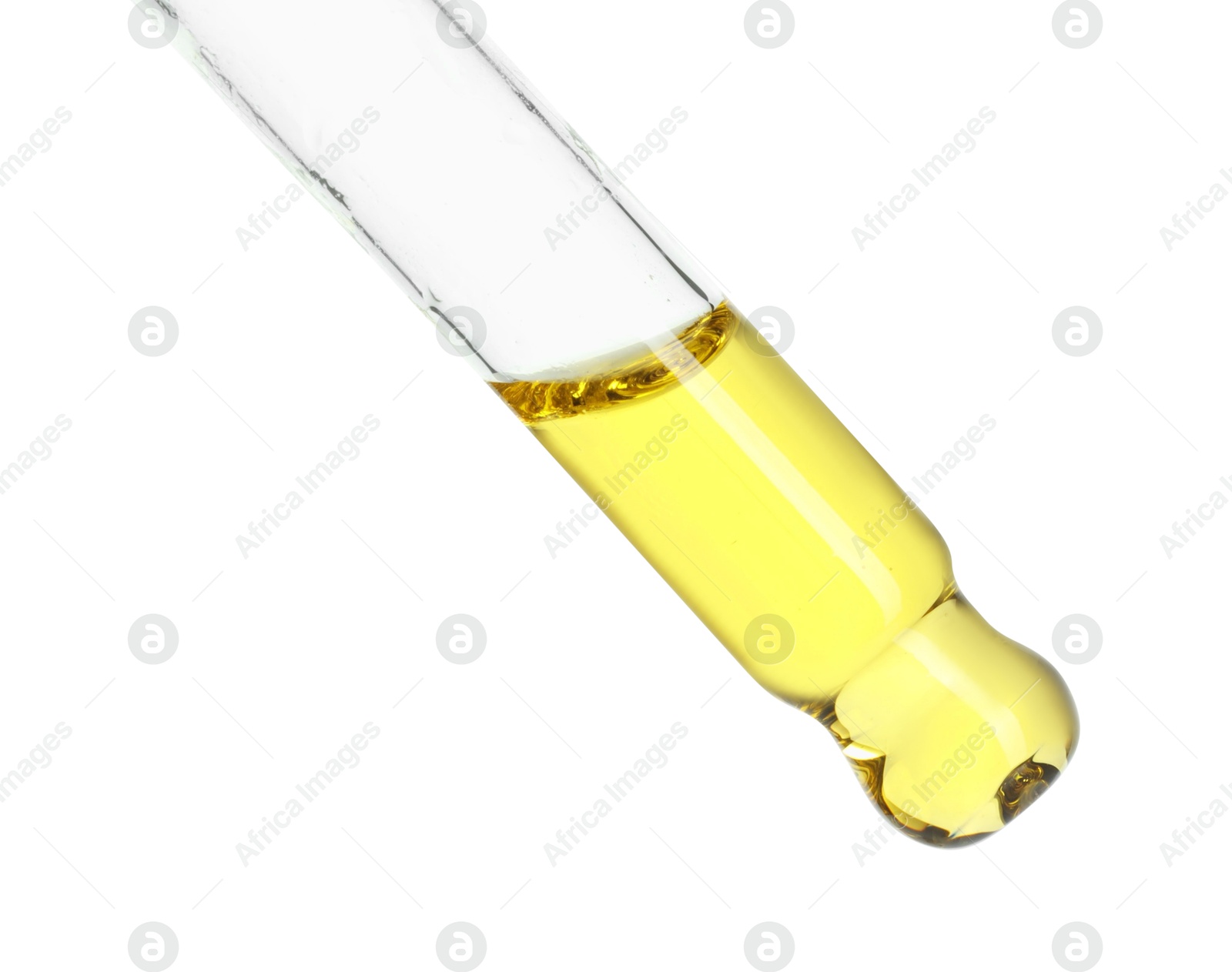 Photo of Dripping essential oil from pipette on white background