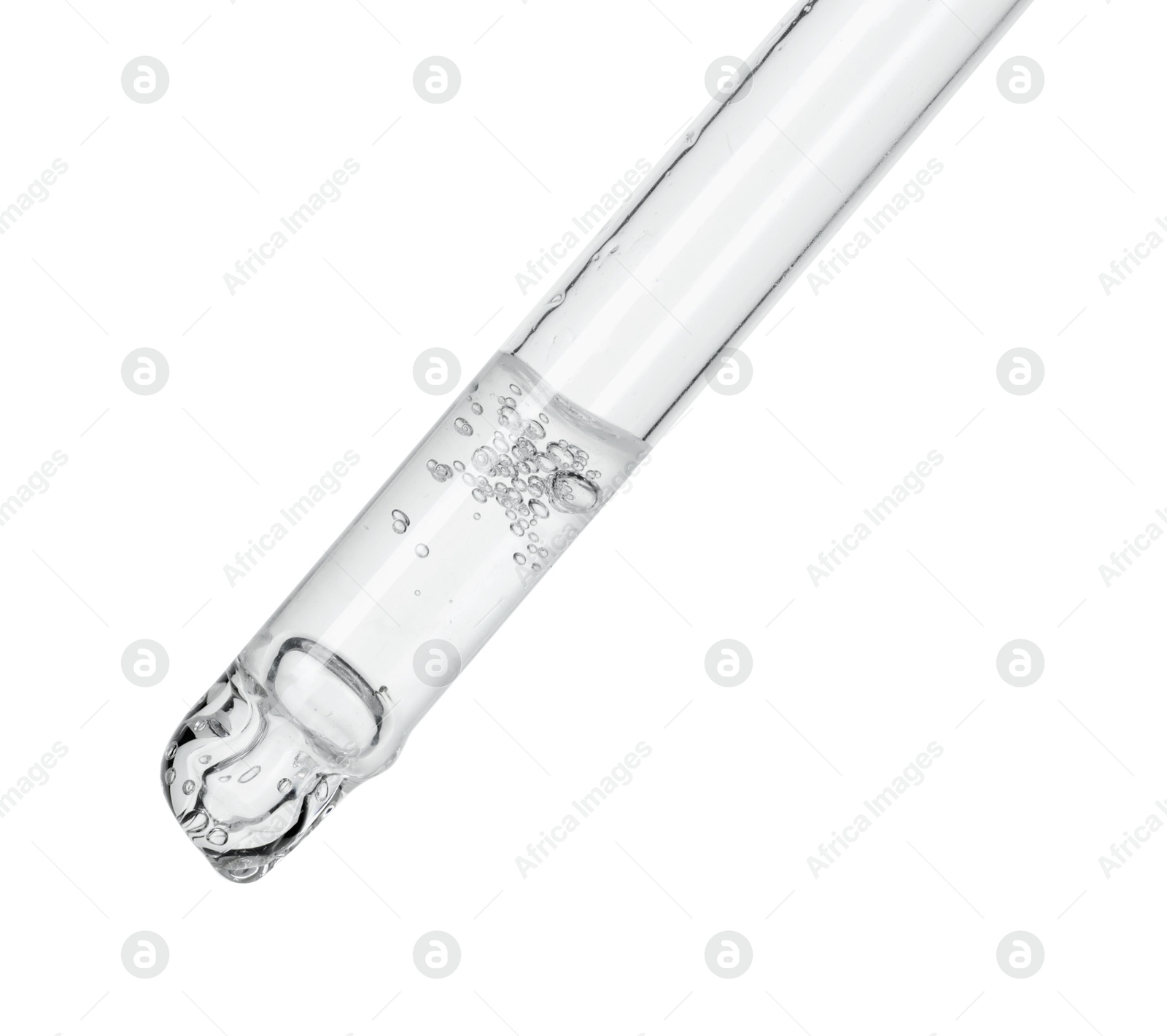 Photo of Dripping cosmetic serum from pipette on white background