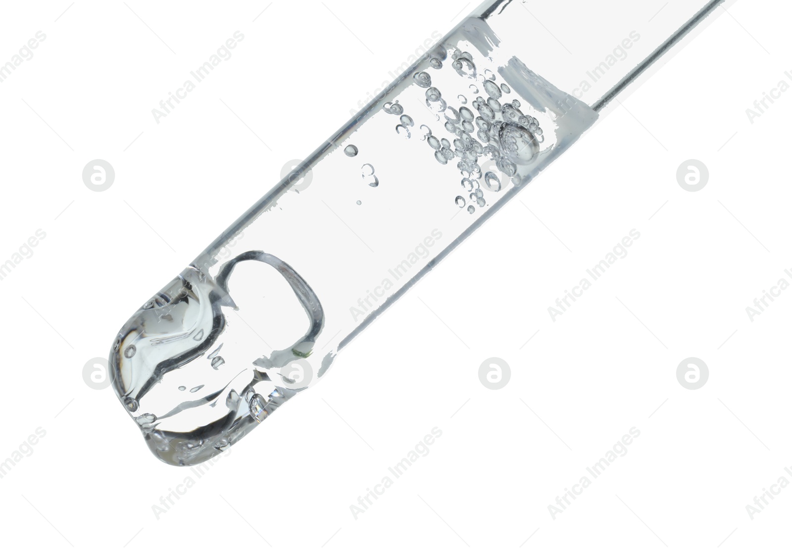 Photo of Dripping cosmetic serum from pipette on white background