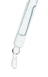 Photo of Dripping cosmetic serum from pipette on white background