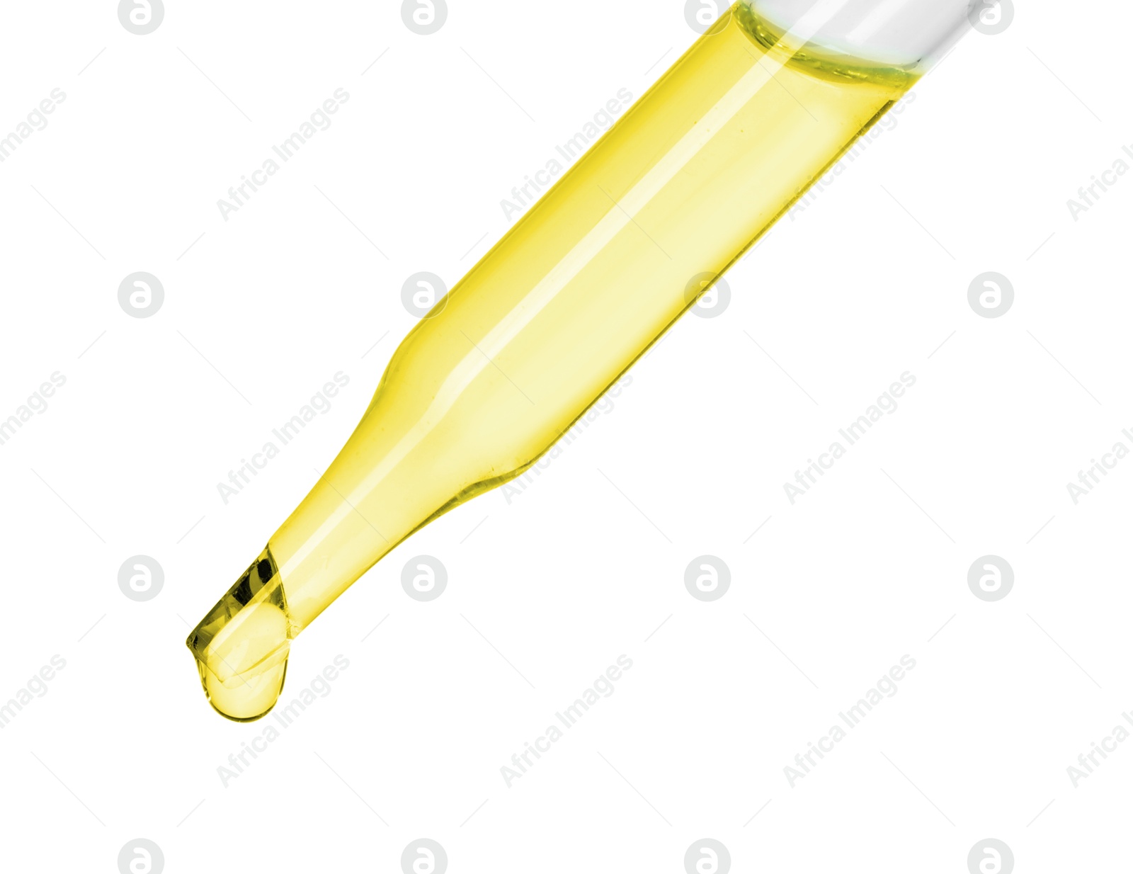 Photo of Dripping essential oil from pipette on white background