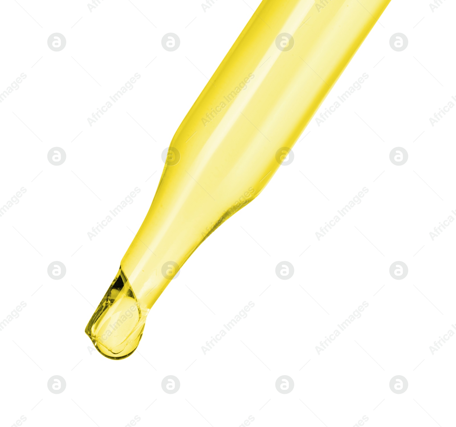 Photo of Dripping essential oil from pipette on white background