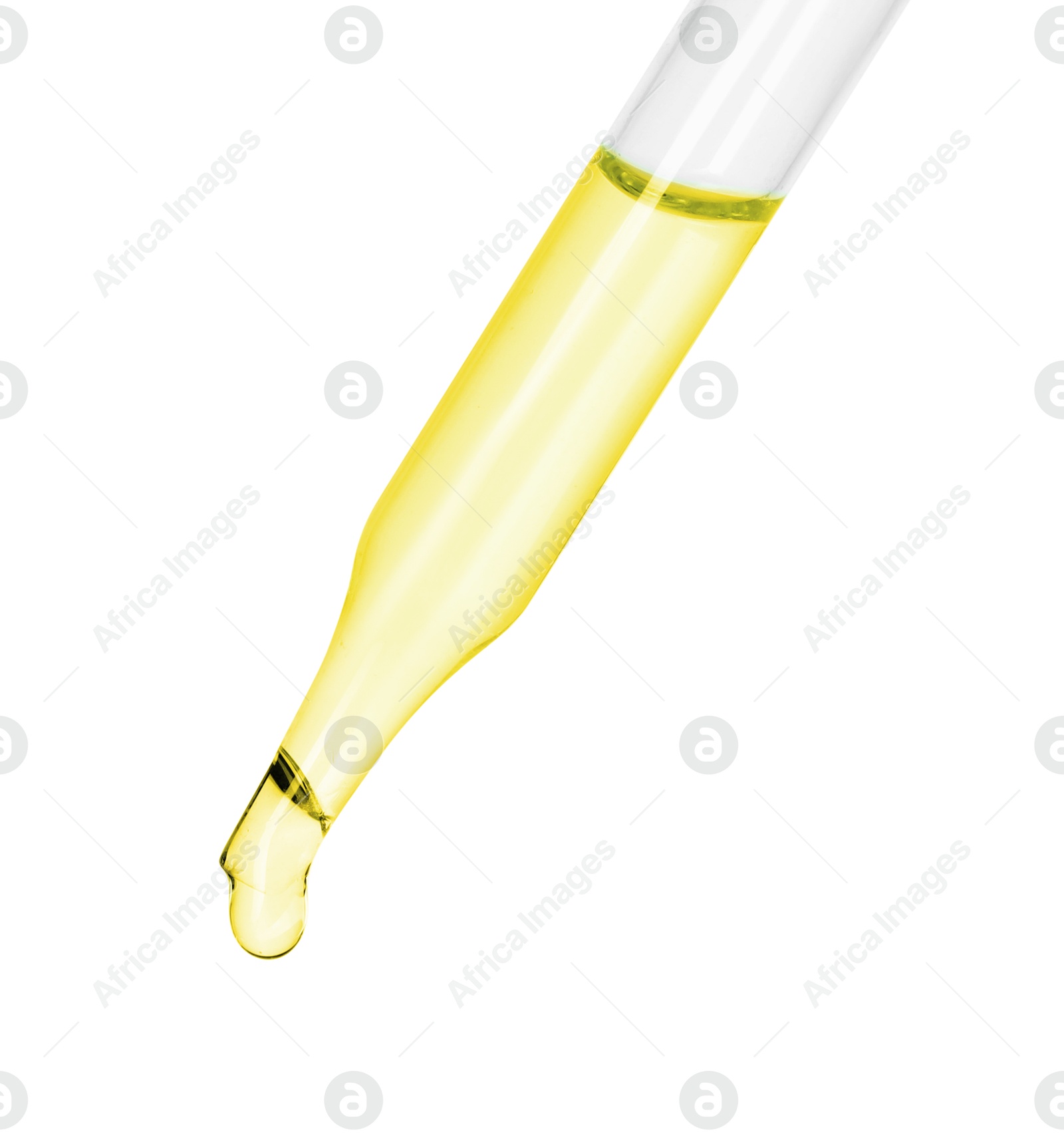 Photo of Dripping essential oil from pipette on white background