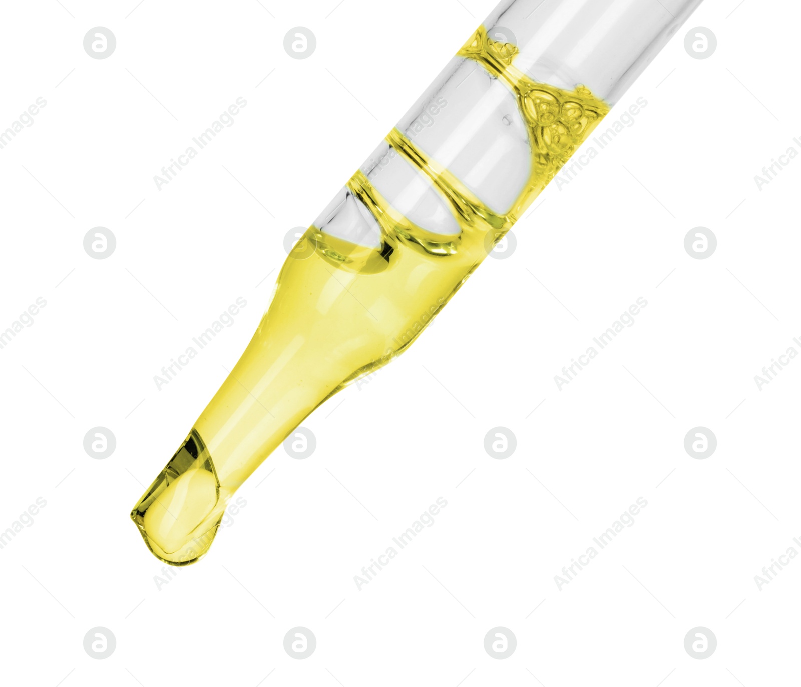 Photo of Dripping essential oil from pipette on white background