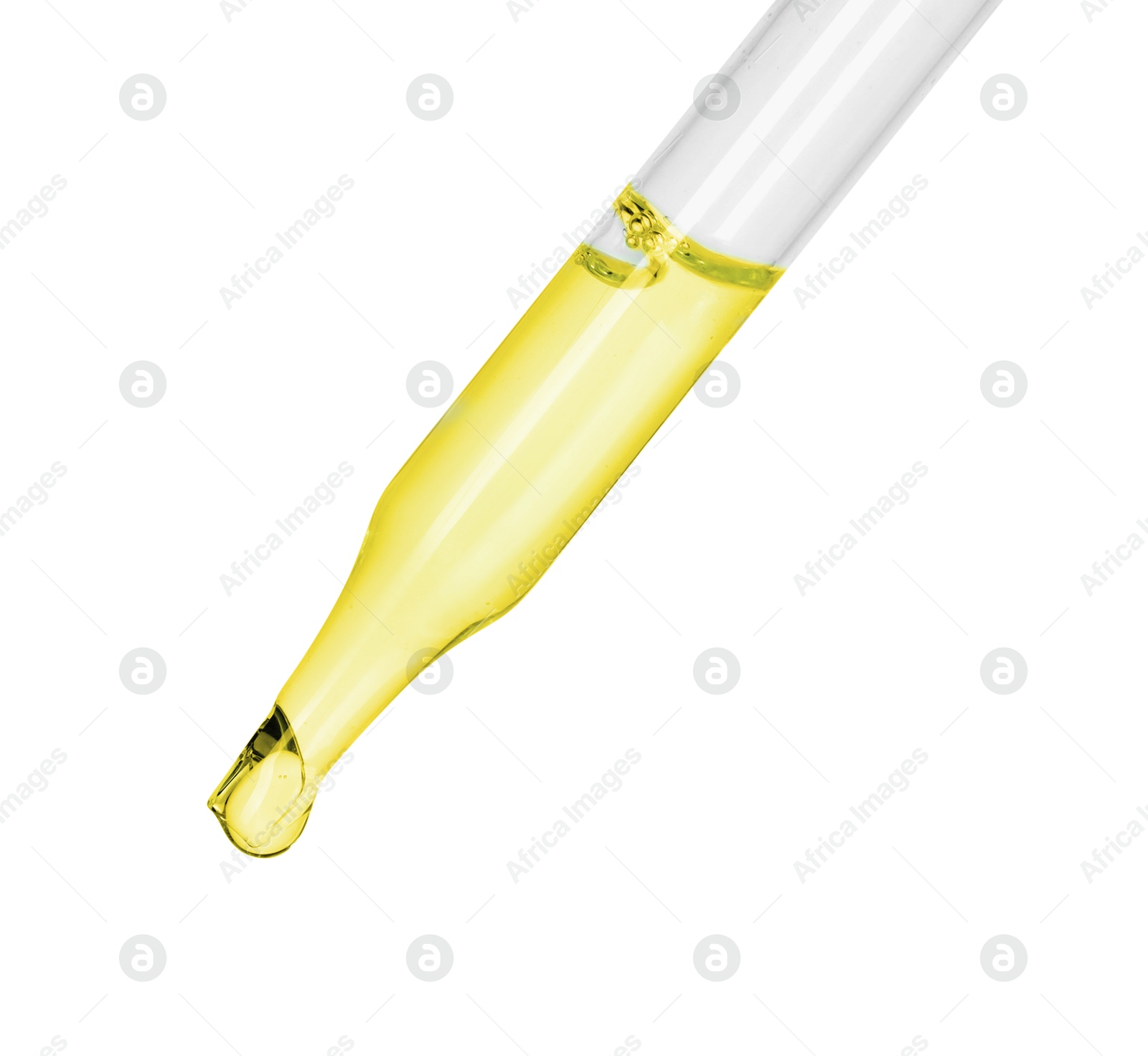 Photo of Dripping essential oil from pipette on white background