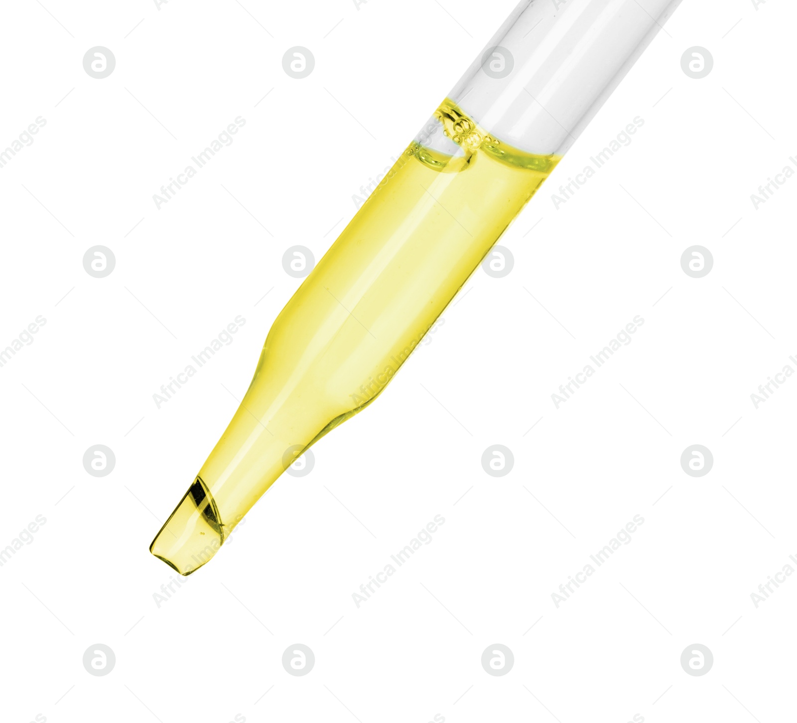 Photo of Dripping essential oil from pipette on white background