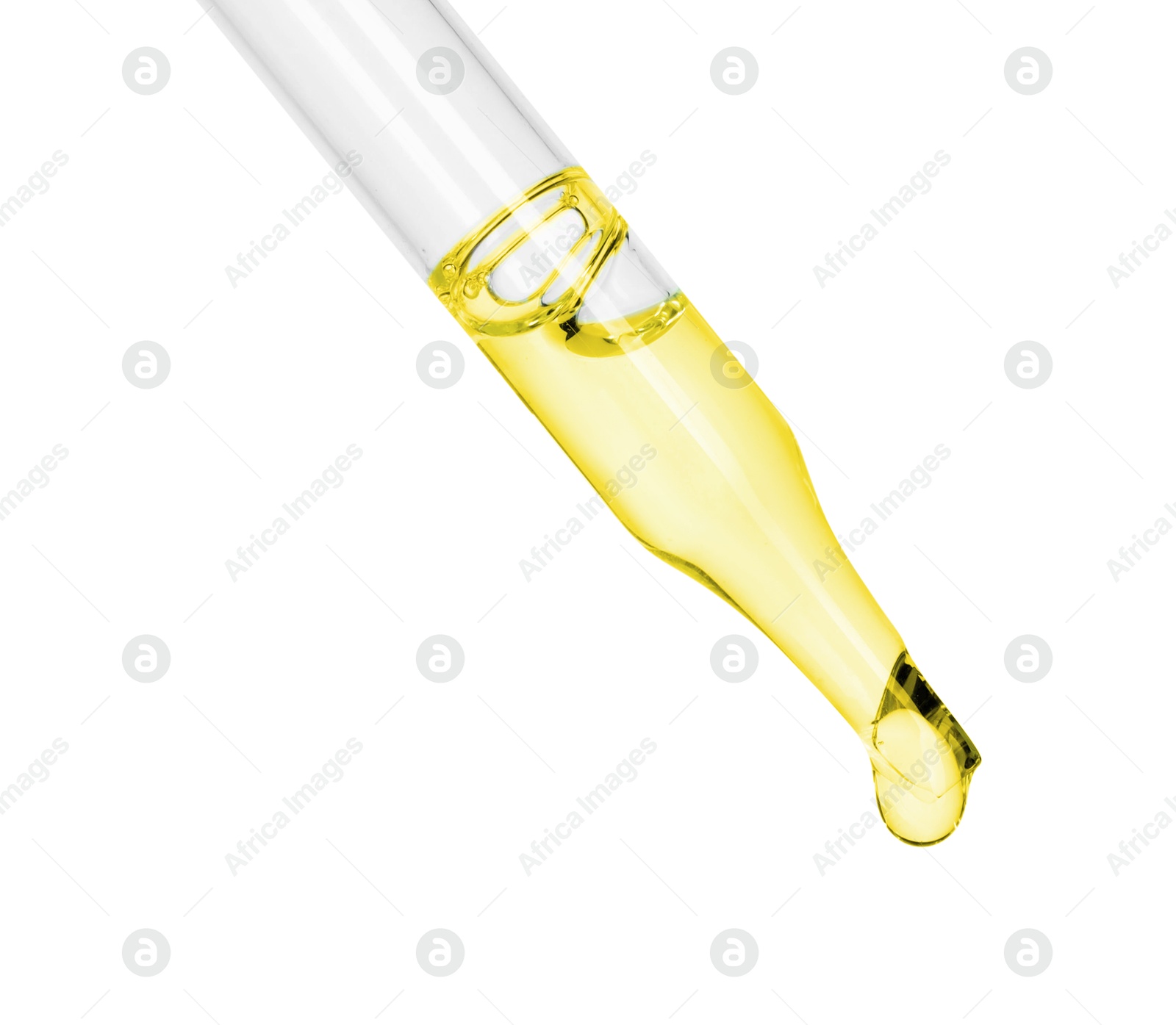 Photo of Dripping essential oil from pipette on white background