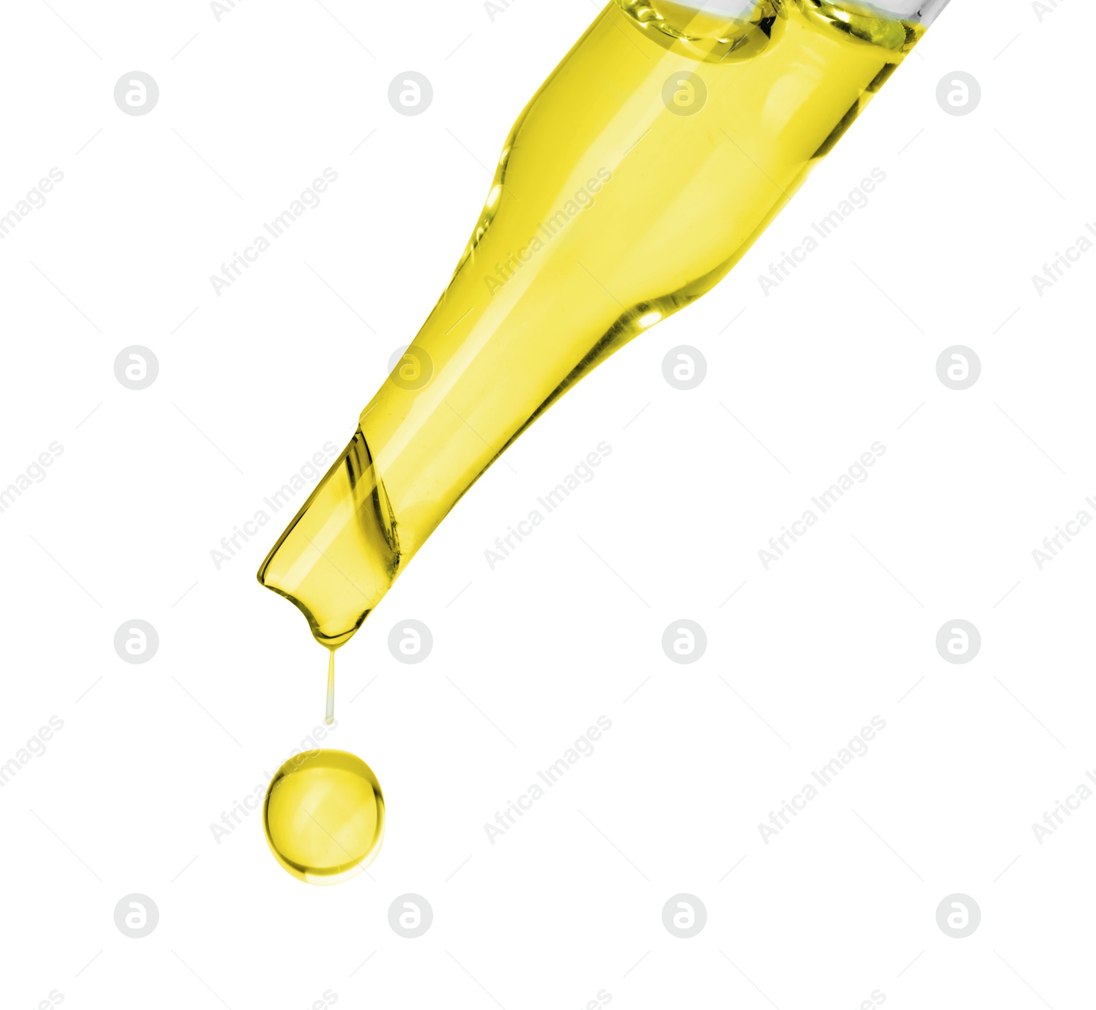 Photo of Dripping essential oil from pipette on white background