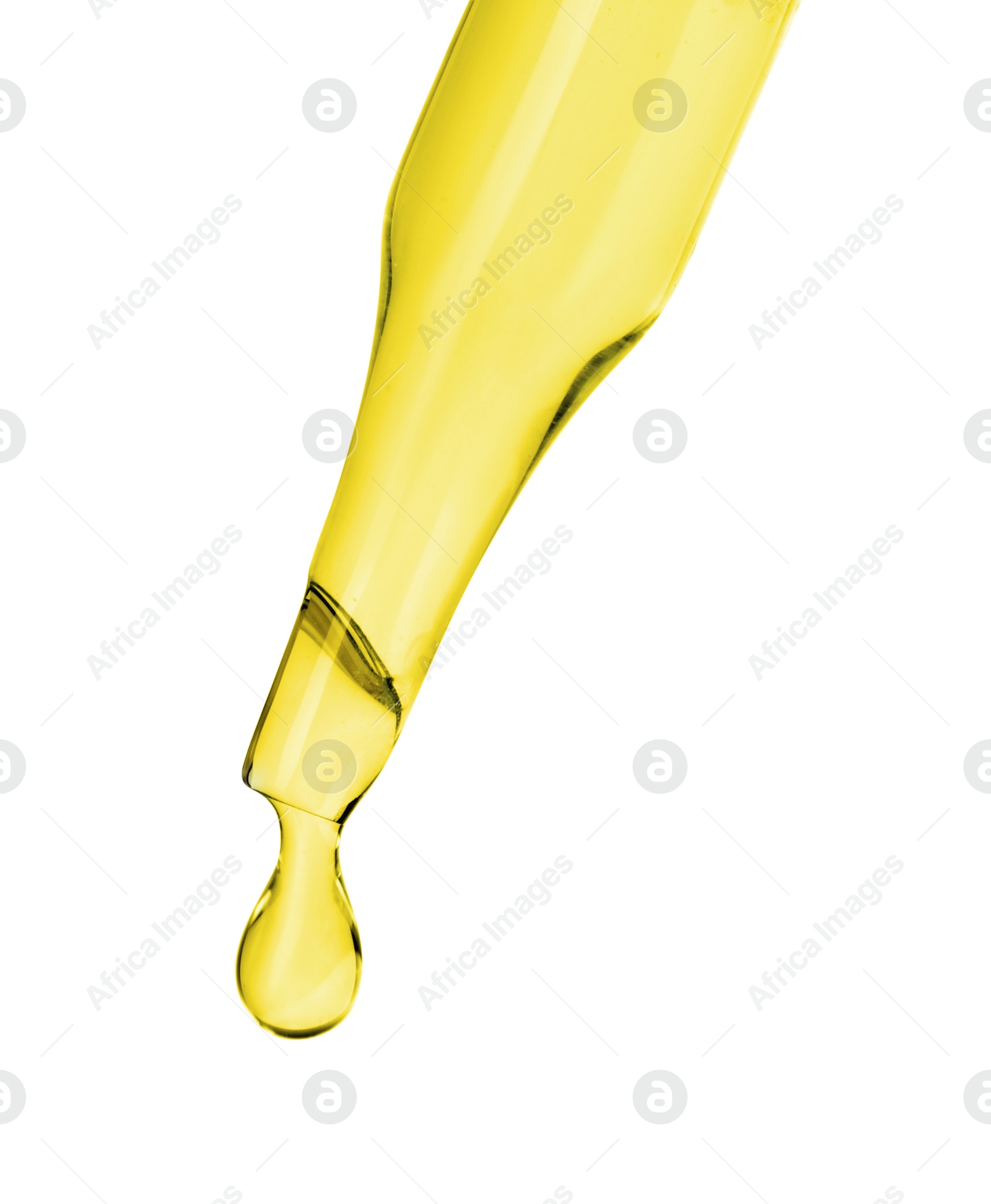 Photo of Dripping essential oil from pipette on white background