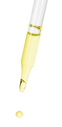 Photo of Dripping essential oil from pipette on white background