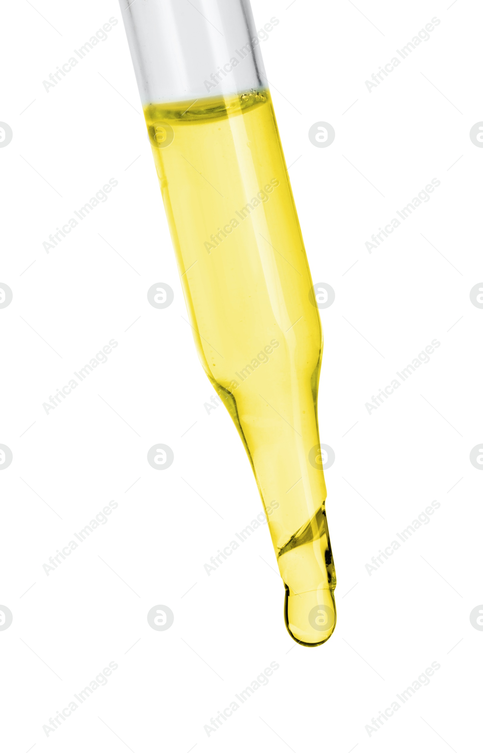 Photo of Dripping essential oil from pipette on white background