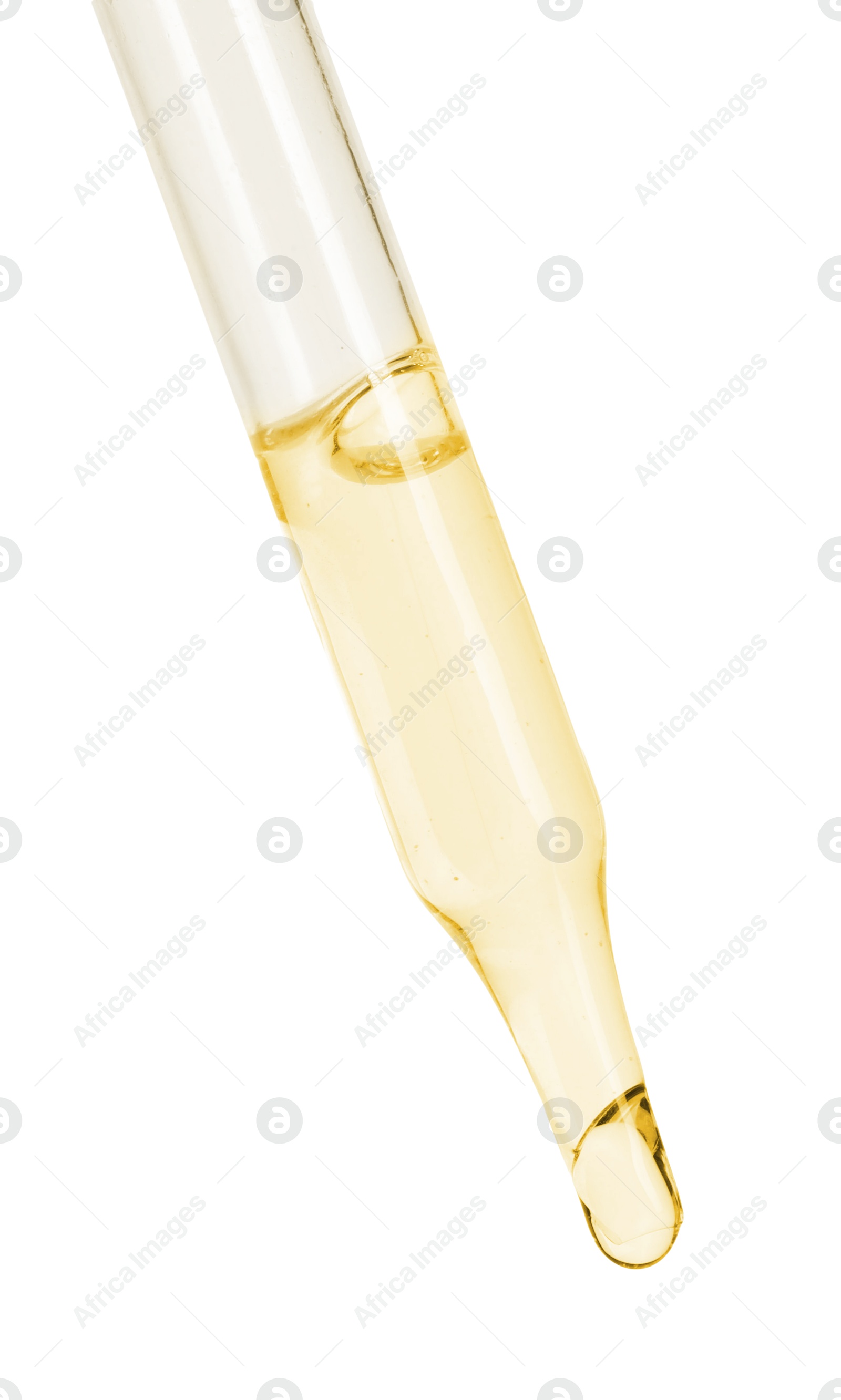 Photo of Dripping essential oil from pipette on white background