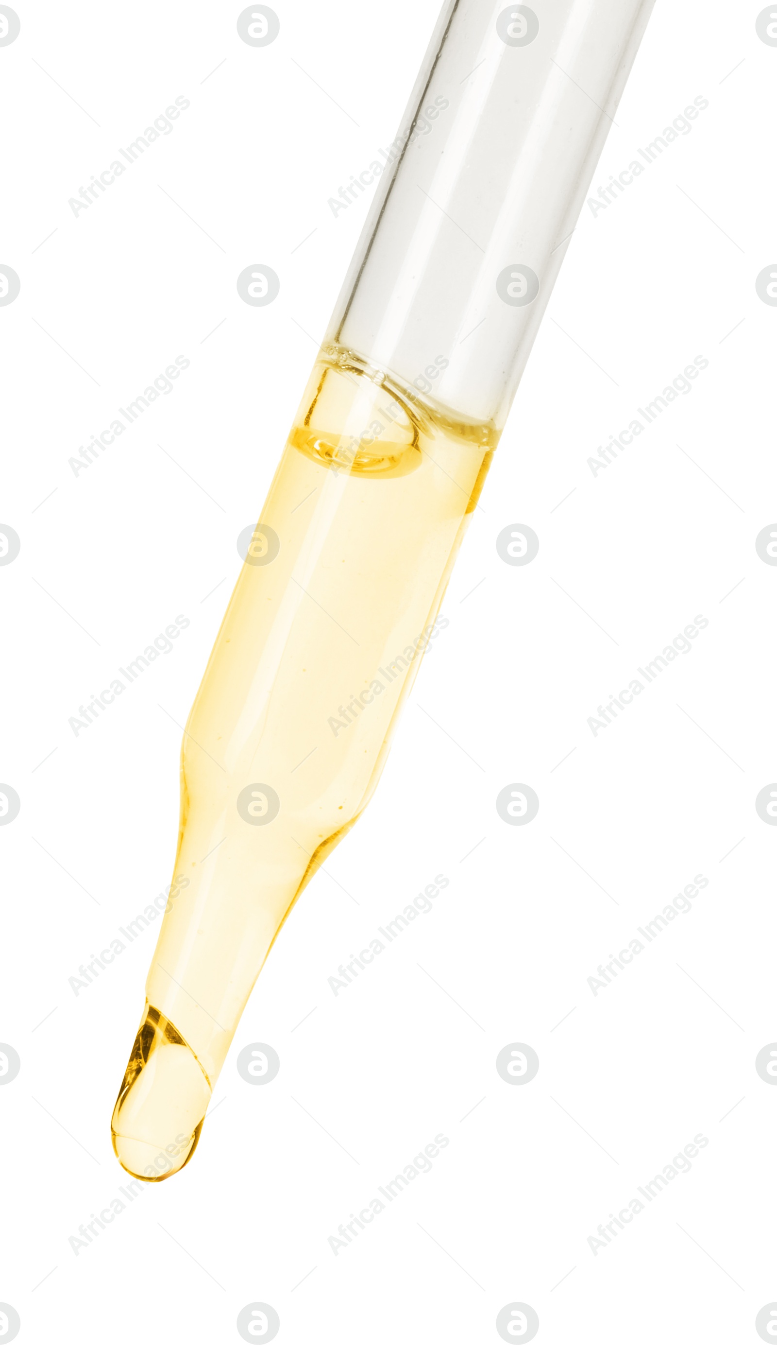 Photo of Dripping essential oil from pipette on white background