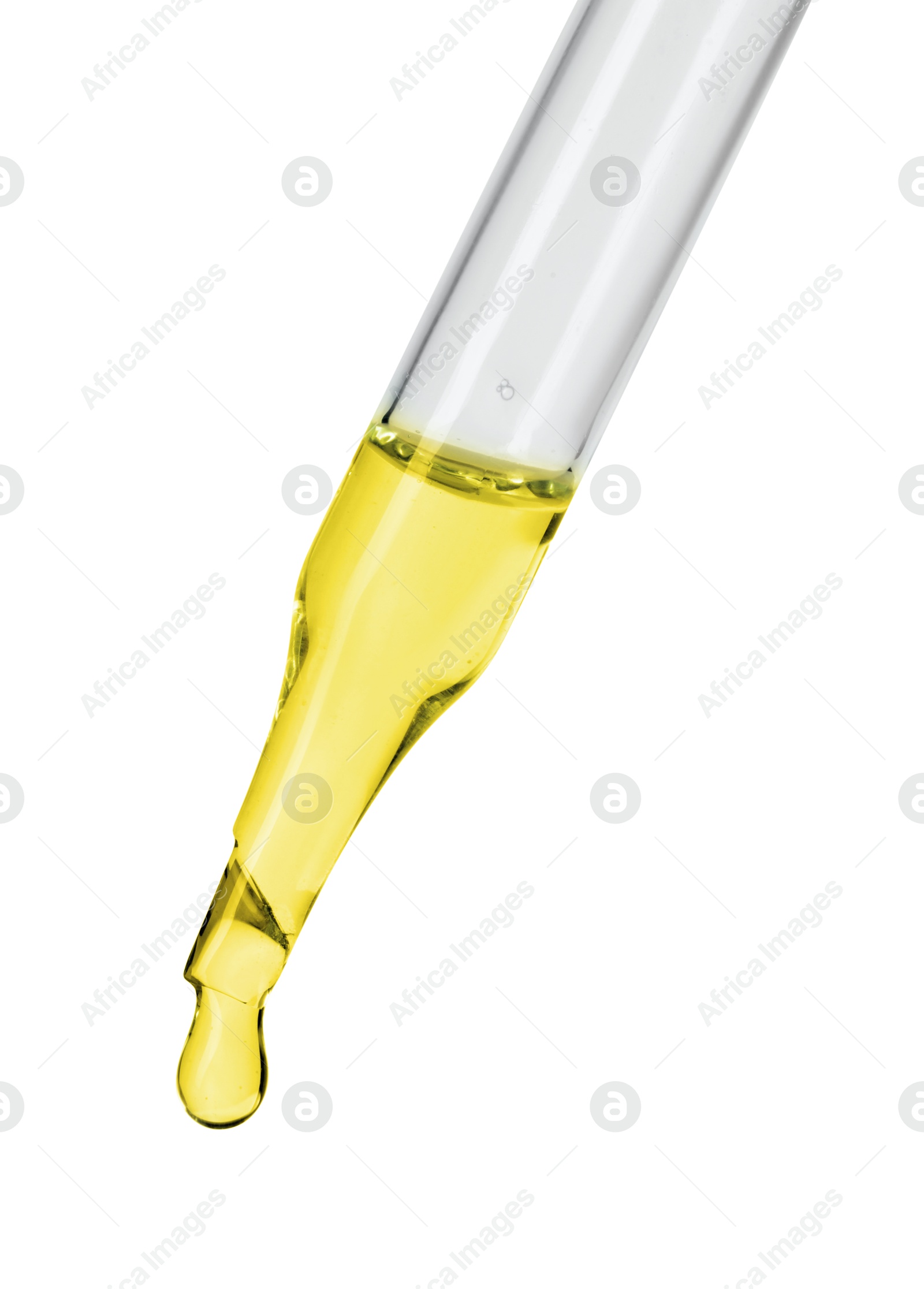 Photo of Dripping essential oil from pipette on white background