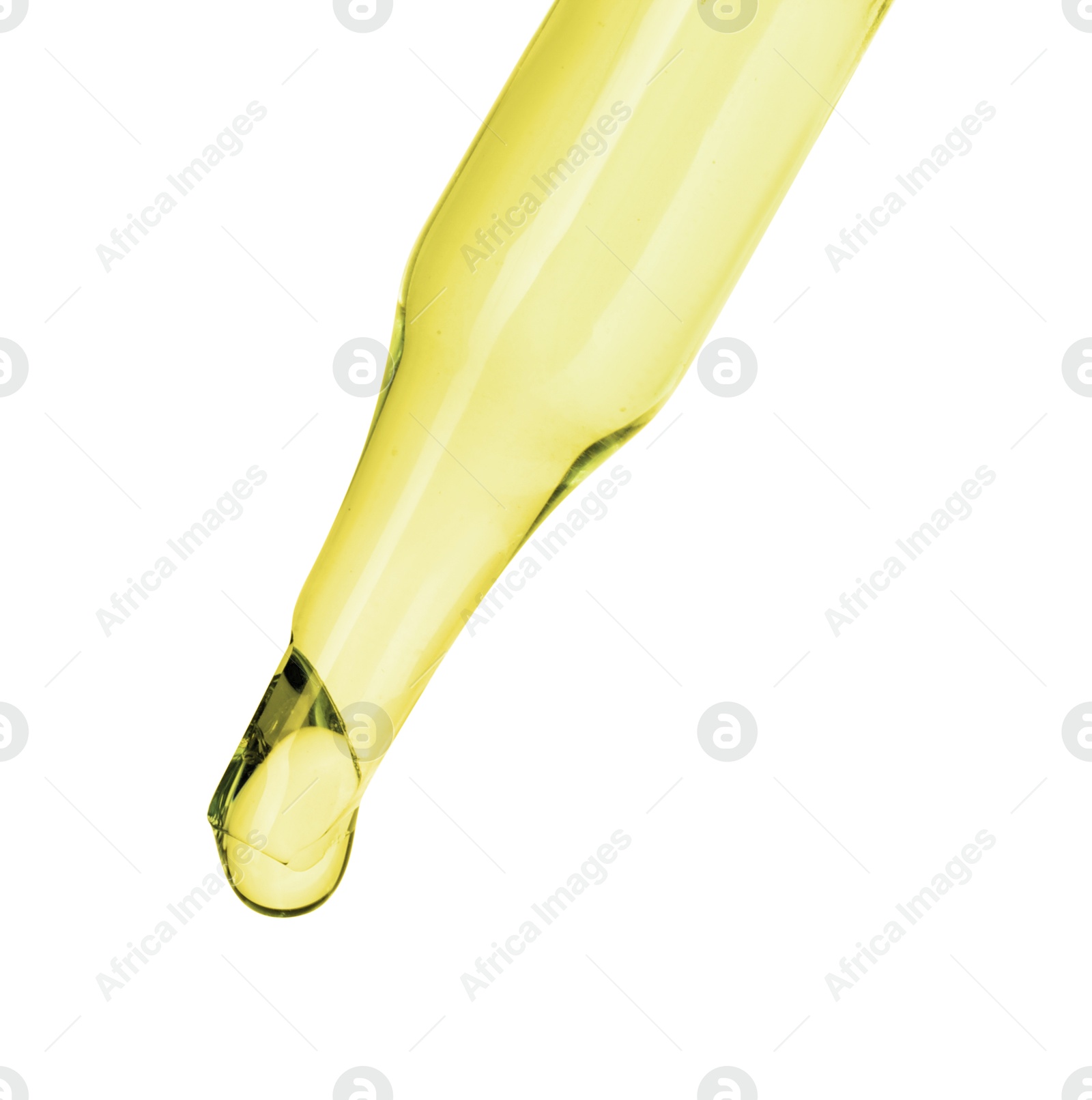 Photo of Dripping essential oil from pipette on white background